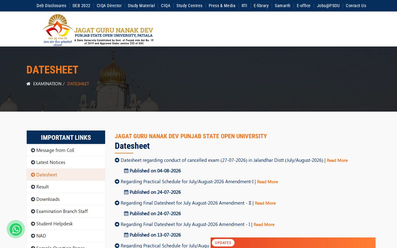 Official PSOU page on psou.ac.in: view PSOU Datesheet page