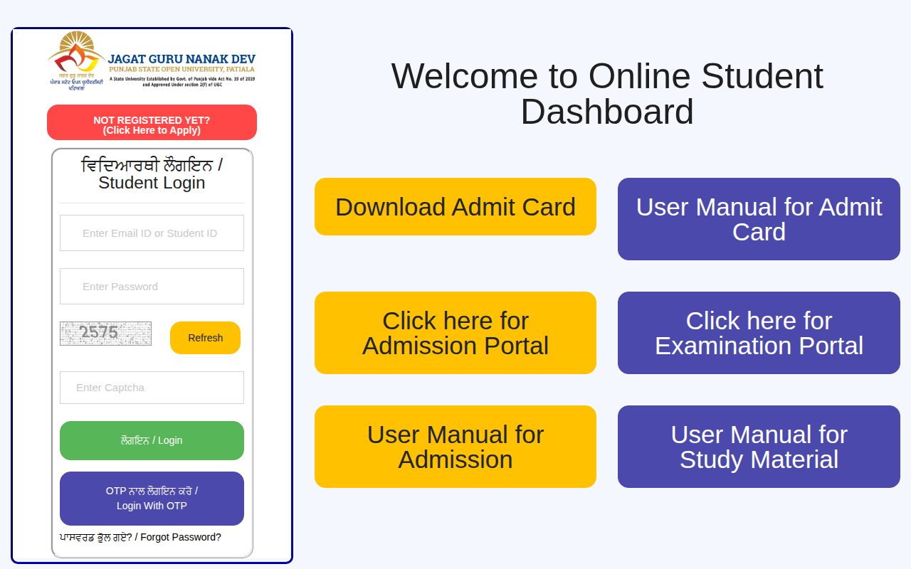 Official PSOU page on student.psou.ac.in: access student portal login dashboard